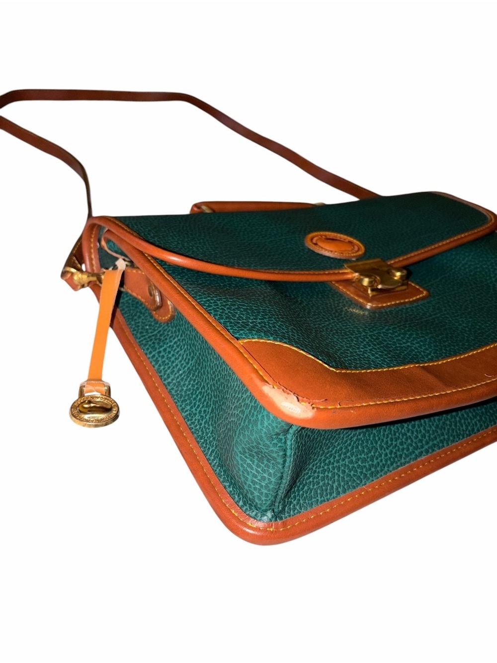 Vintage Dooney & Bourke All Weather Leather Emerald Green Leather Messenger Bag - Picture 3 of 11